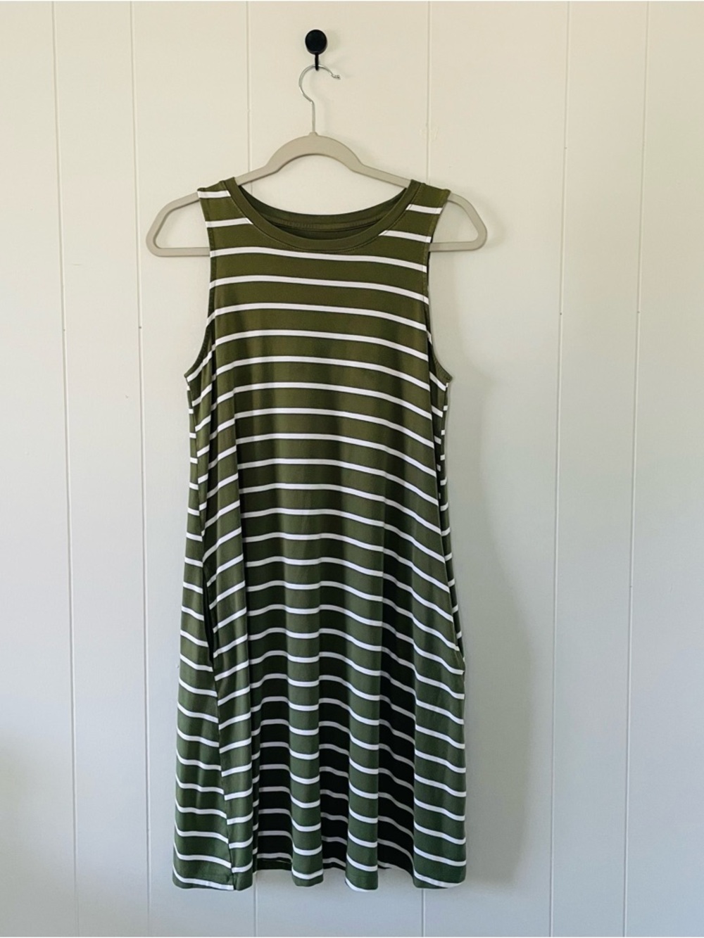 Time and Tru Olive Green and White Striped Midi Dress